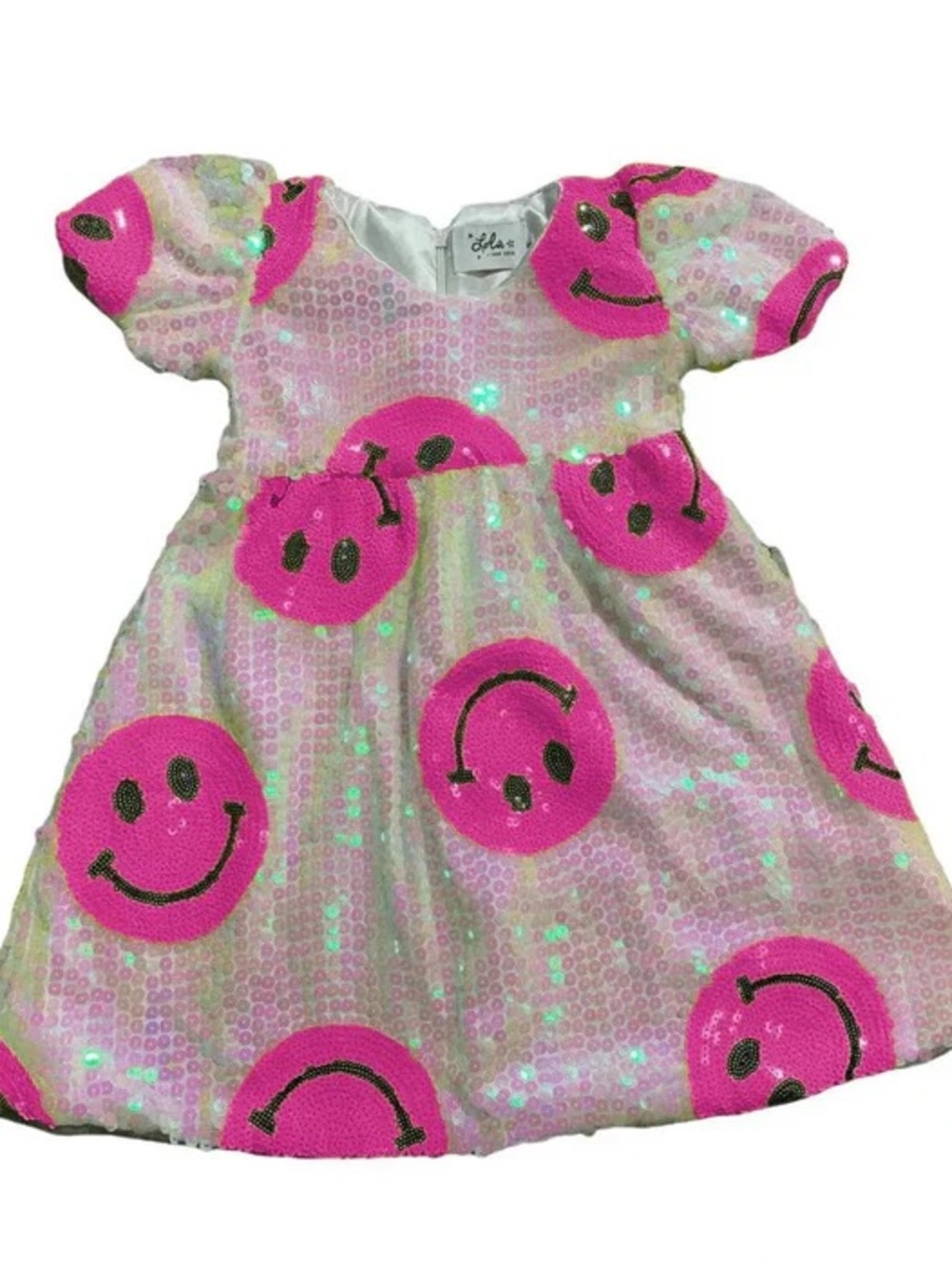 Lola + The Boys dress with Pink Sequin Happy Emoji Detail